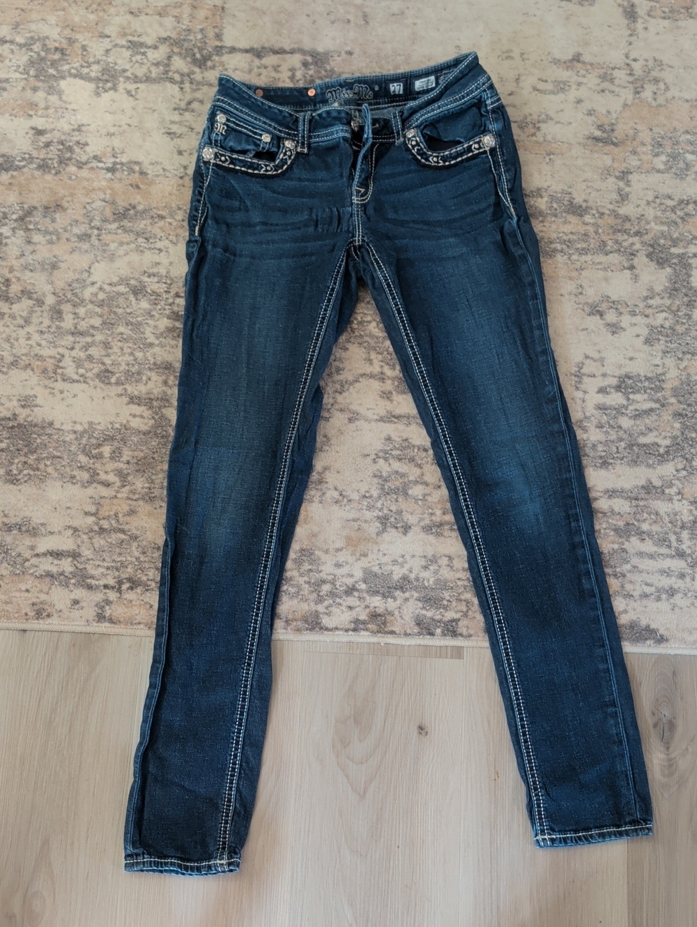Miss Me Dark Blue Skinny Jeans with Contrast Stitching